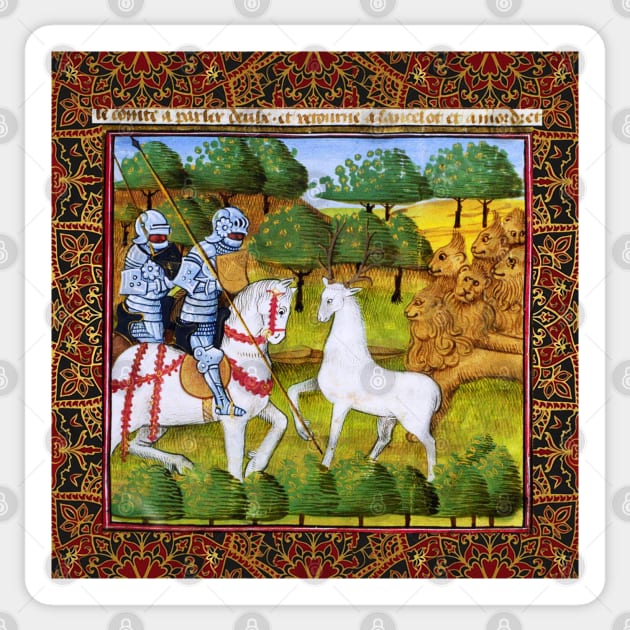 Lancelot and Mordred Crossing a White Stag Escorted by Lions,Arthurian Legends Medieval Miniature Sticker by BulganLumini